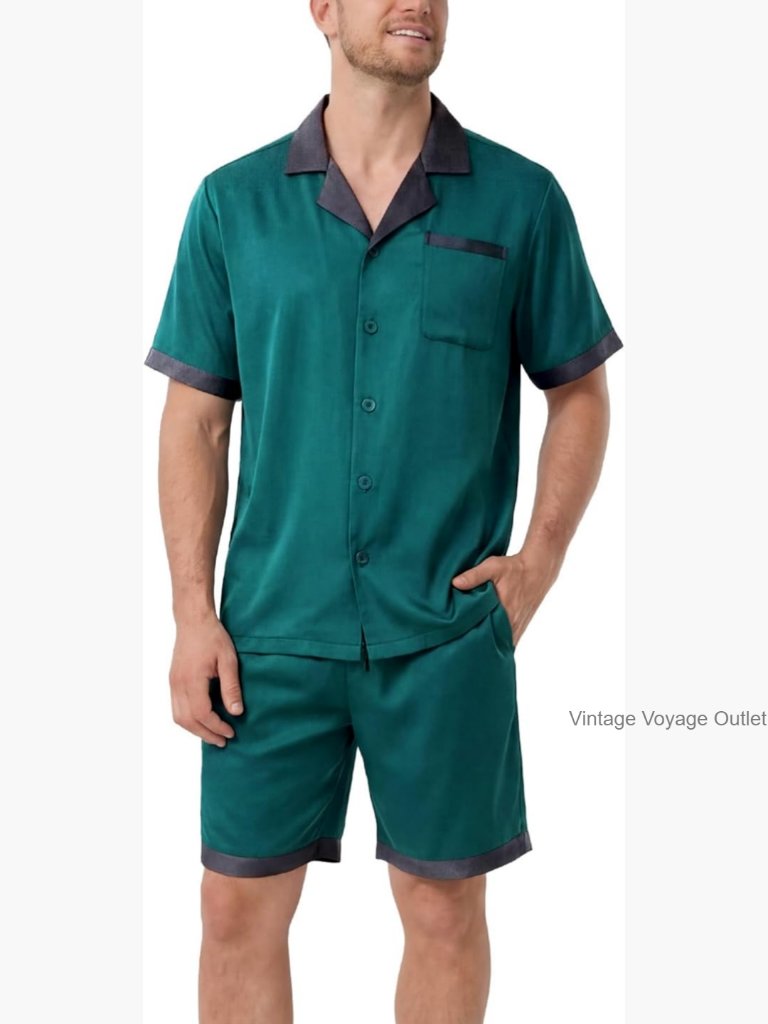Mens Satin Pajama Set - Short Sleeve Sleepwear With Pockets
